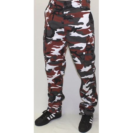 Wide red camouflage trousers