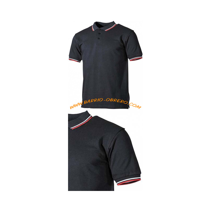 Black polo shirt red-and-white stripes