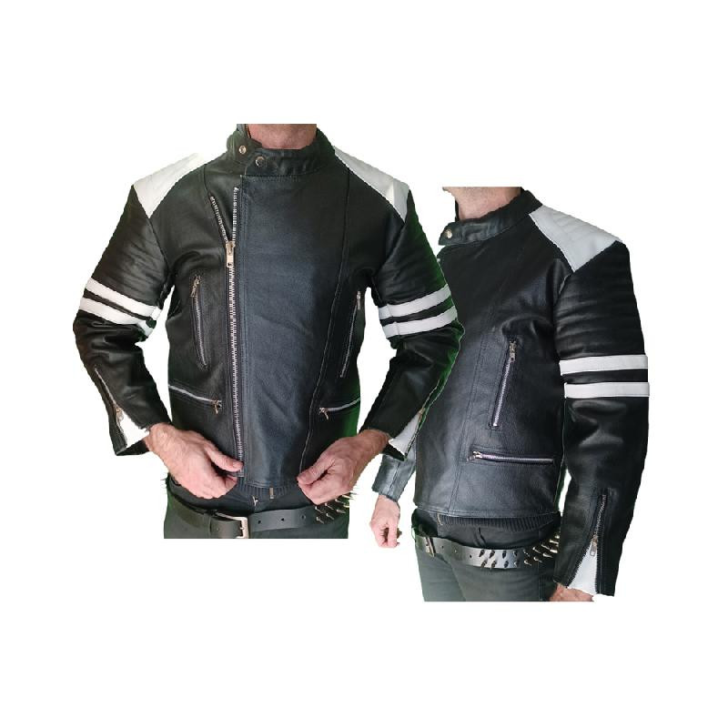 Black leather jacket white stripes