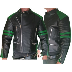 Black leather jacket with green stripes