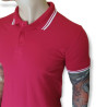 Red polo shirt with white stripes